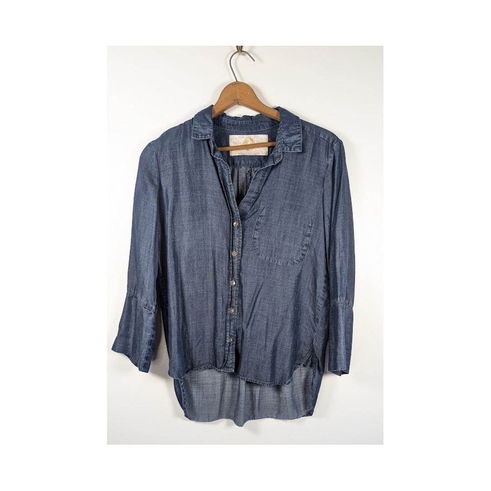 Bella Dahl Button Down Tunic Top Medium Denim Chambray Hi Low Minimalist Boho